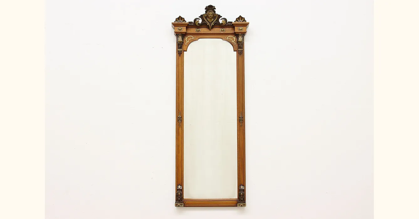 Victorian Antique Walnut Hall Entryway Mirror Carved Head   46419 1 .webp