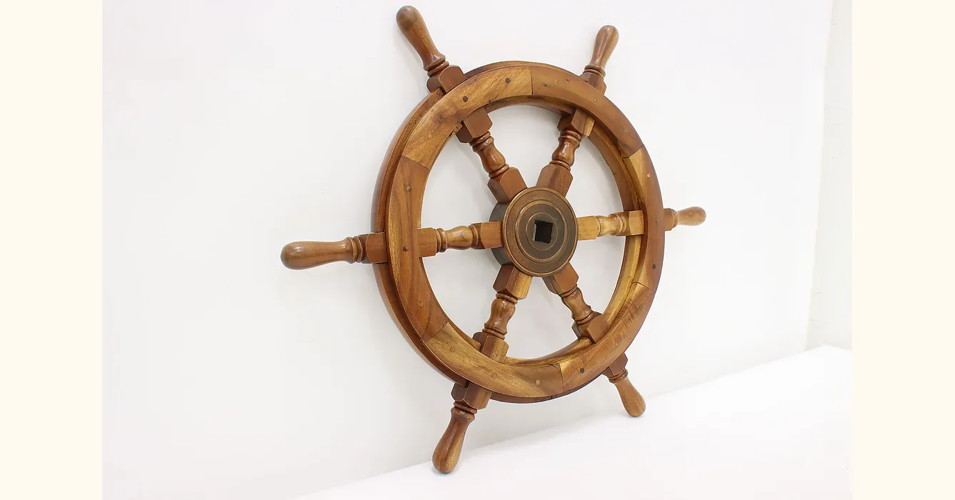 Farmhouse Vintage Walnut & Iron Ship Captain Wheel