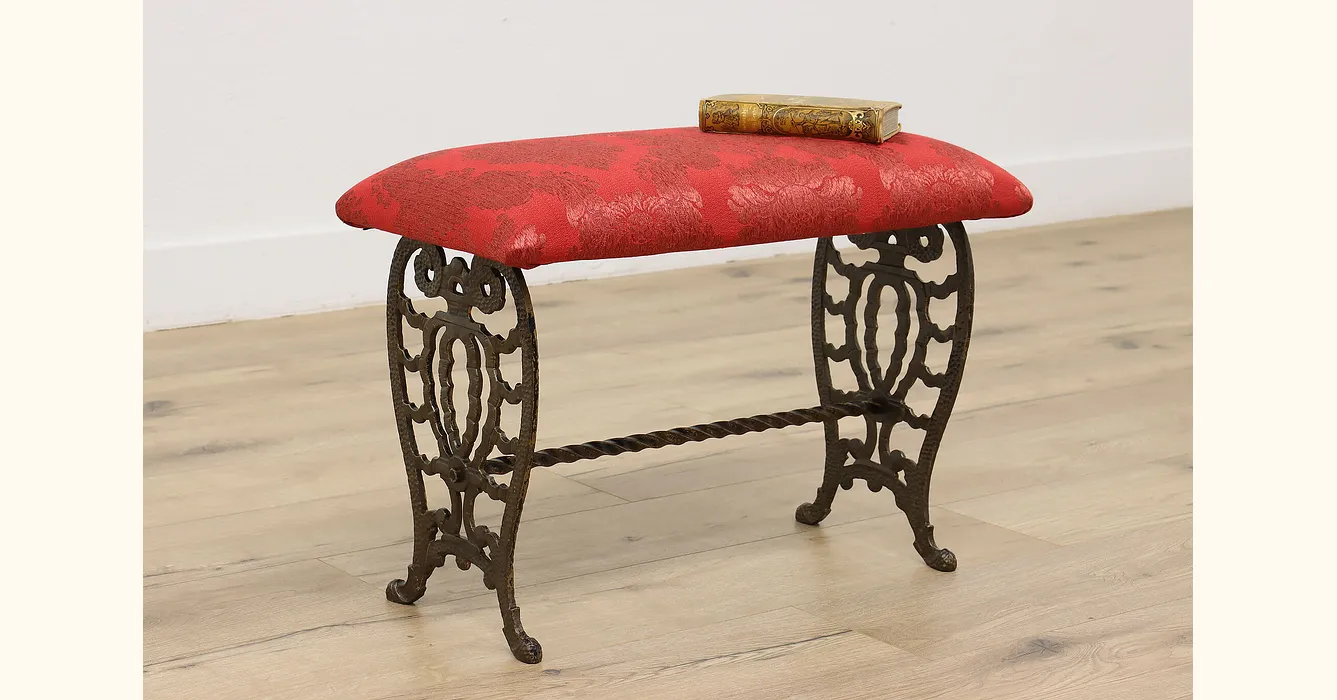 Victorian Antique Cast Iron Hall Bench, New Upholstery