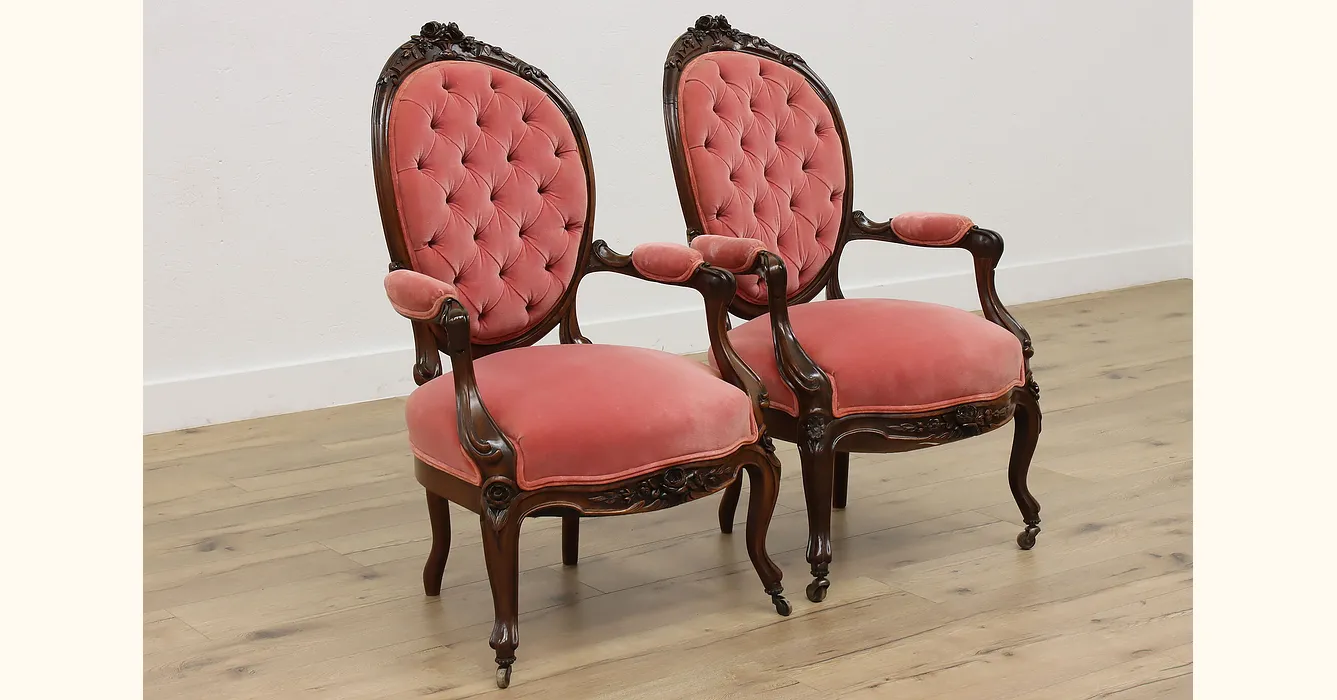 Pair Victorian Antique Carved Rosewood Tufted Velvet Chairs   47509 1 .webp