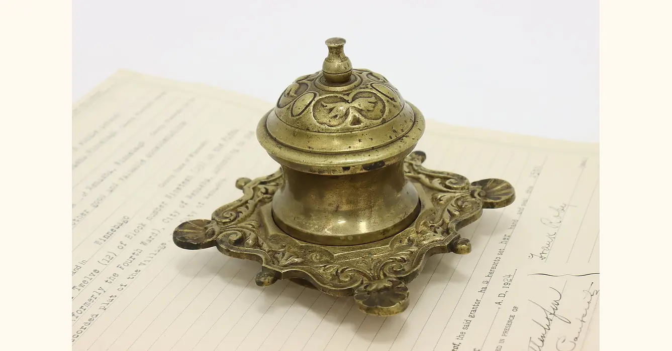 Classical French Antique Crystal Marble Bronze Desk Inkwell
