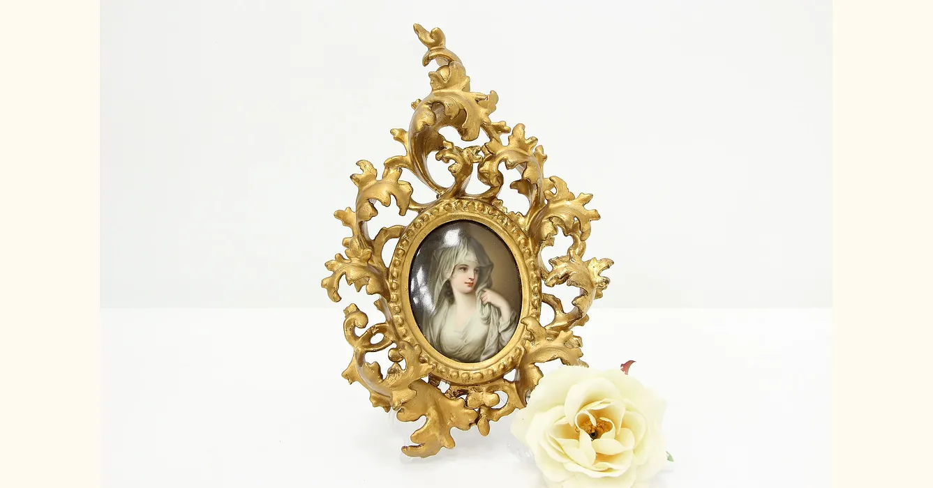 19th Century Hand saving Painted Porcelain Baby Portrait/Hand Painted Baby Portrait Gilded Frame/Florentine Style Frame with Baby Portrait