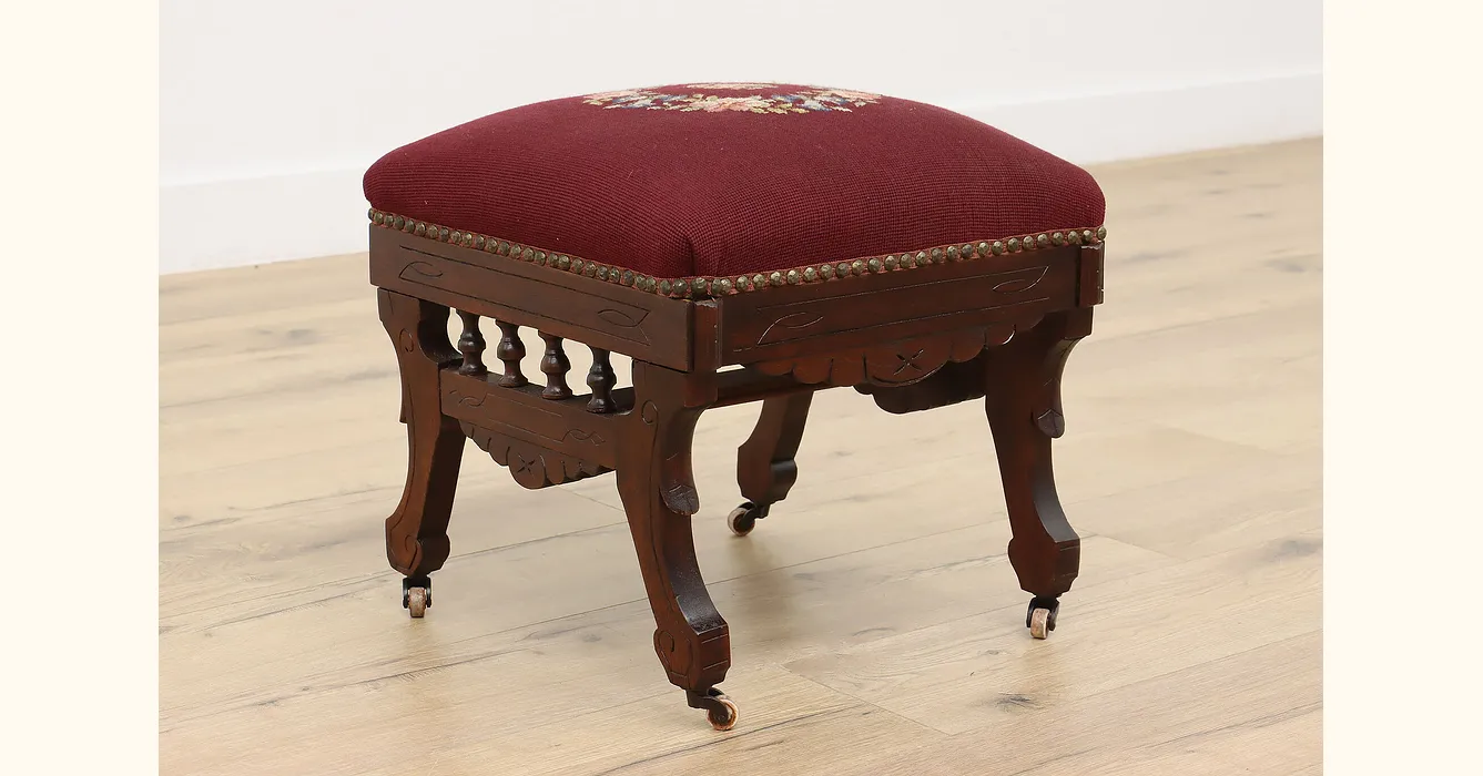 Victorian Adjustable 1890's Walnut Antique Gout Foot Stool, Velvet