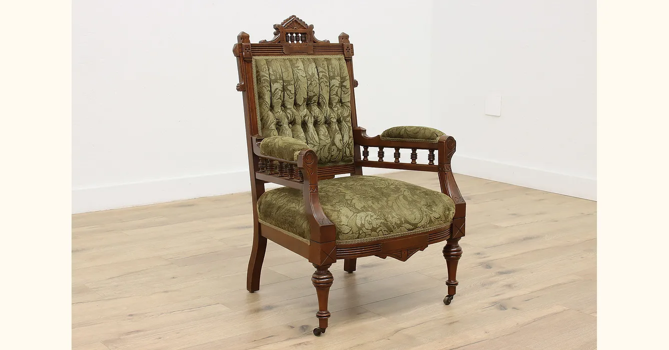 Victorian Eastlake Antique Carved Walnut Upholstered Chair