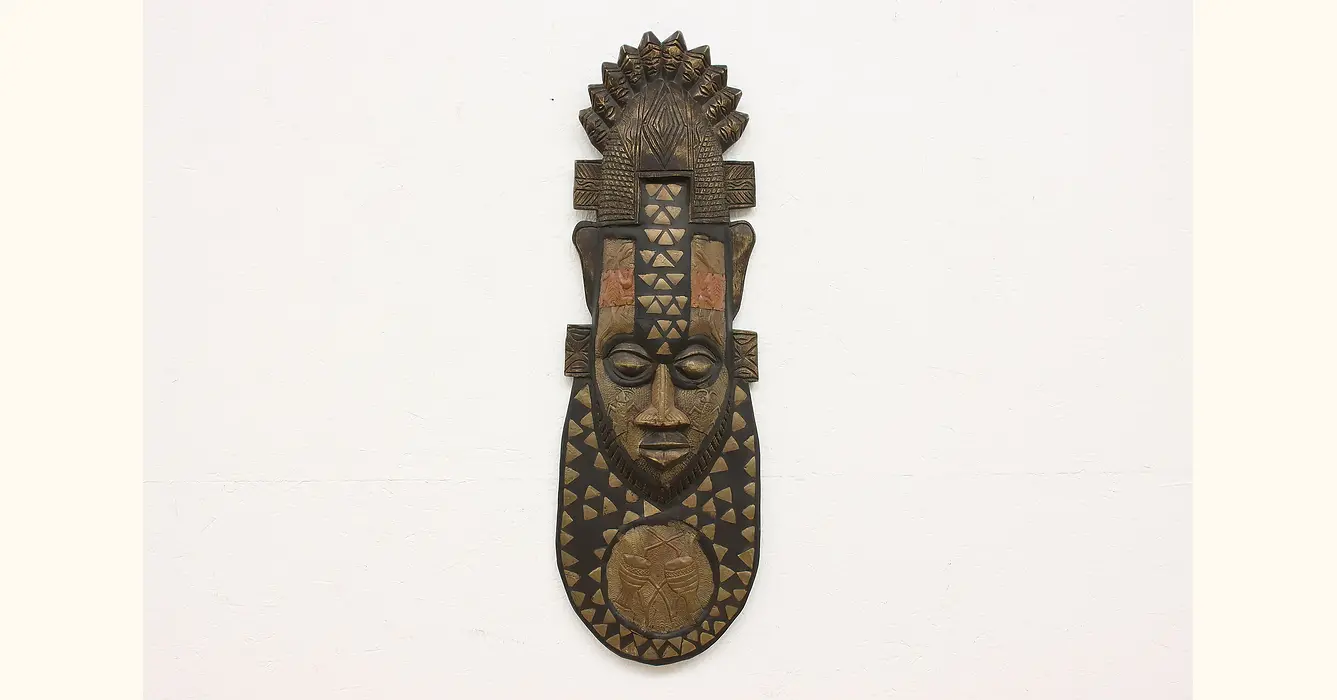 Traditional African Folk Art Carved & Painted Mask & Stand