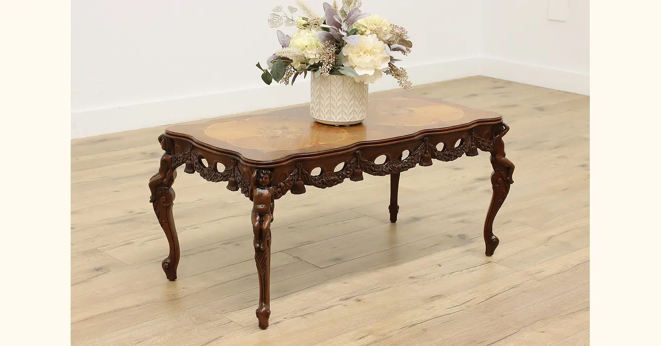 French Vintage Walnut & Marquetry Coffee Table, Serving Tray #44443