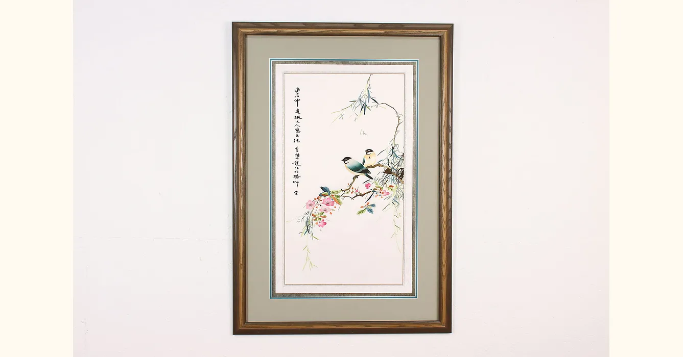 Vintage Mid sale Century Framed Chinese Silk Bird / Floral Motif Embroidery Wall Art