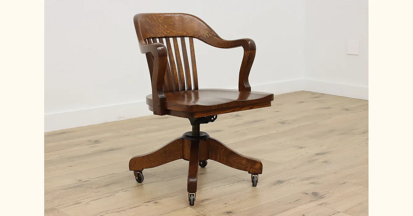 Crocker Antique Oak Swivel Office Library Desk Chair