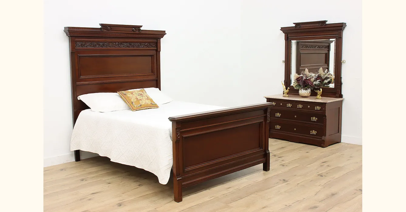 Victorian Antique 2 Pc Carved Mahogany Bedroom Set Queen Bed