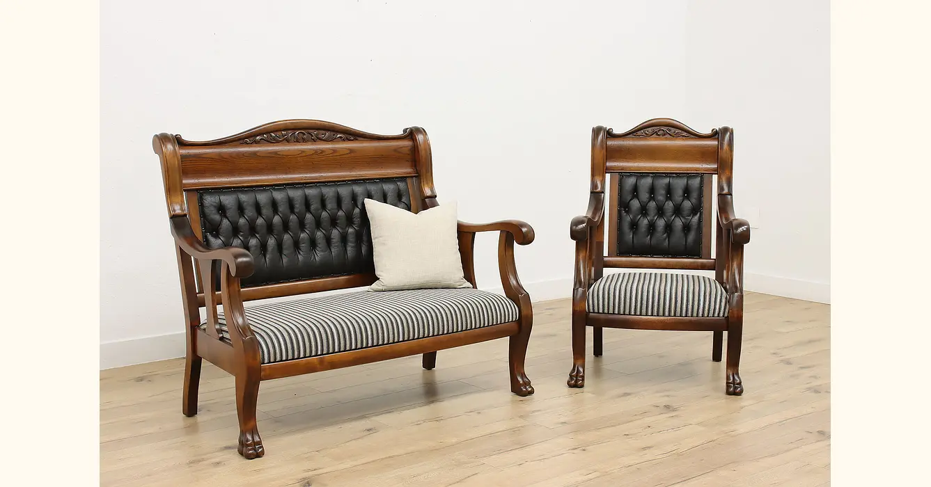 Victorian Antique Carved Ash Sofa & Chair Set, Leather