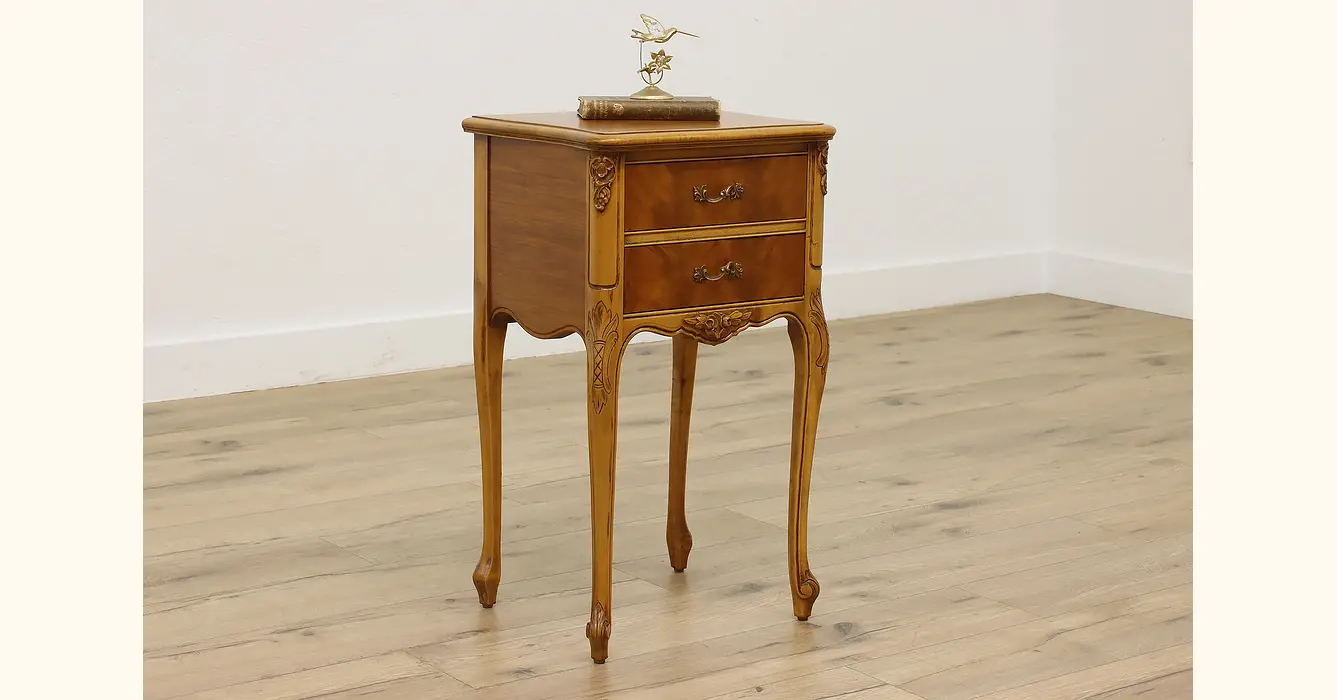 French Design Vintage Carved Maple Nightstand or End Table