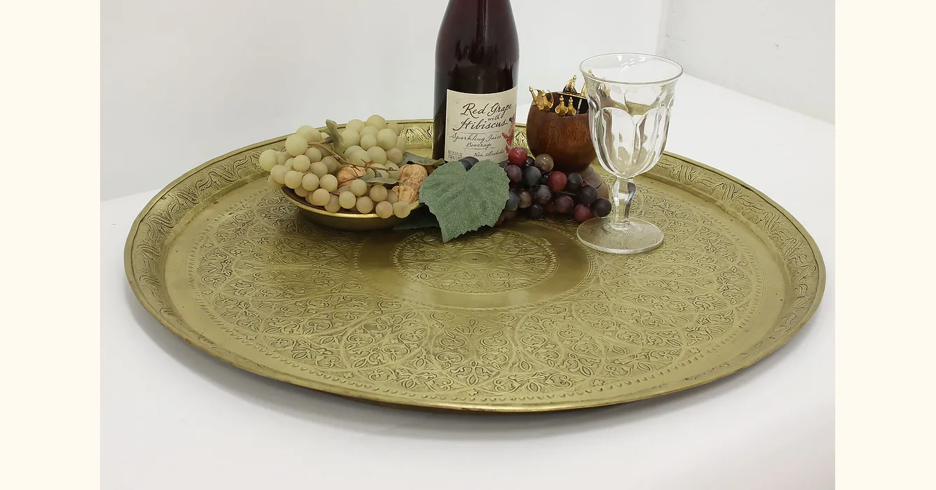 Persian Vintage Embossed Brass Banquet Serving Tray