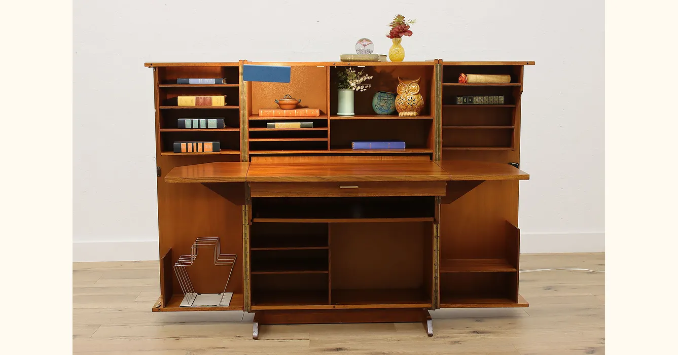 Midcentury Modern Vintage Teak Library Cabinet Desk, Light