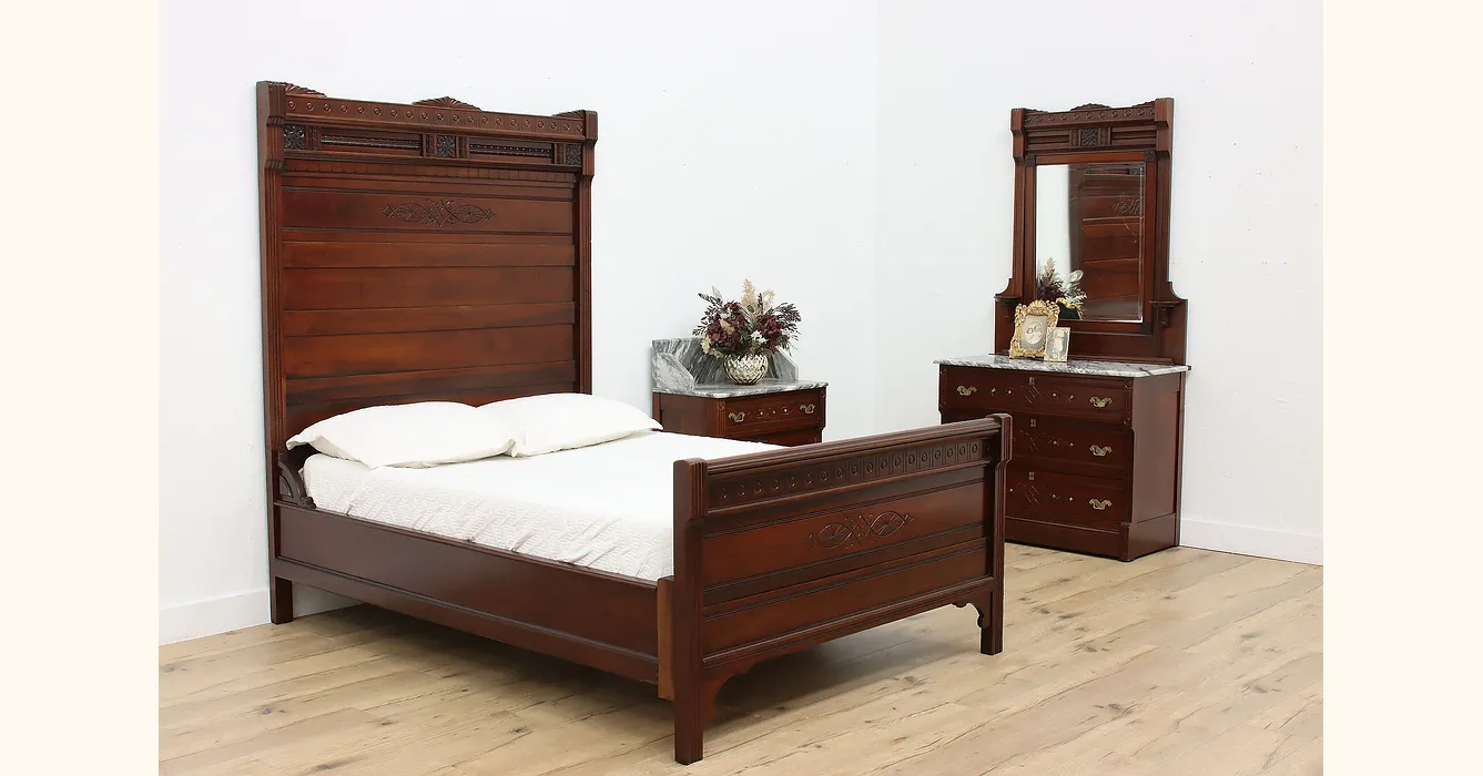 Victorian Eastlake Antique 3 Pc Bedroom Set Full Bed, Marble