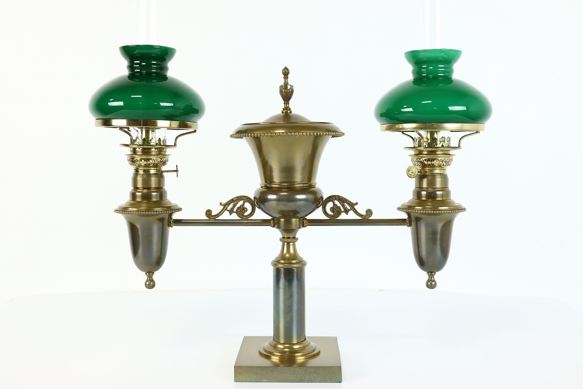 Antique Lamp, Brass Student Lamp W/ Two Emerald Shades, Lighting