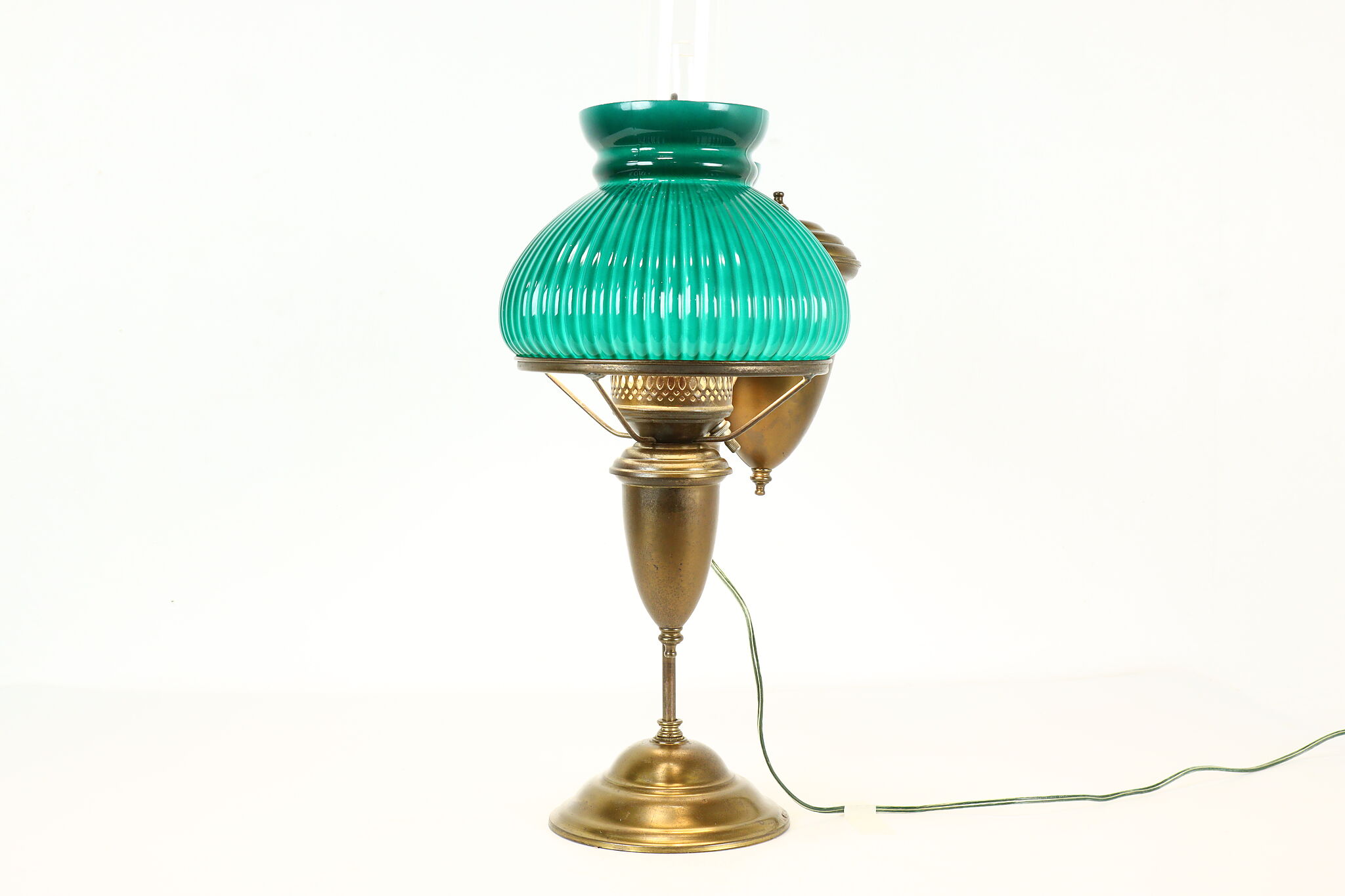 Antique Lamp, Brass Student Lamp W/ Two Emerald Shades, Lighting