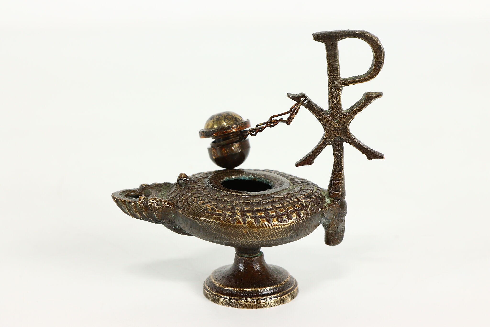 Seminarie Maak een naam landelijk Miniature Vintage Greek Bronze Oil Lamp, Chi Rho Christ Symbol