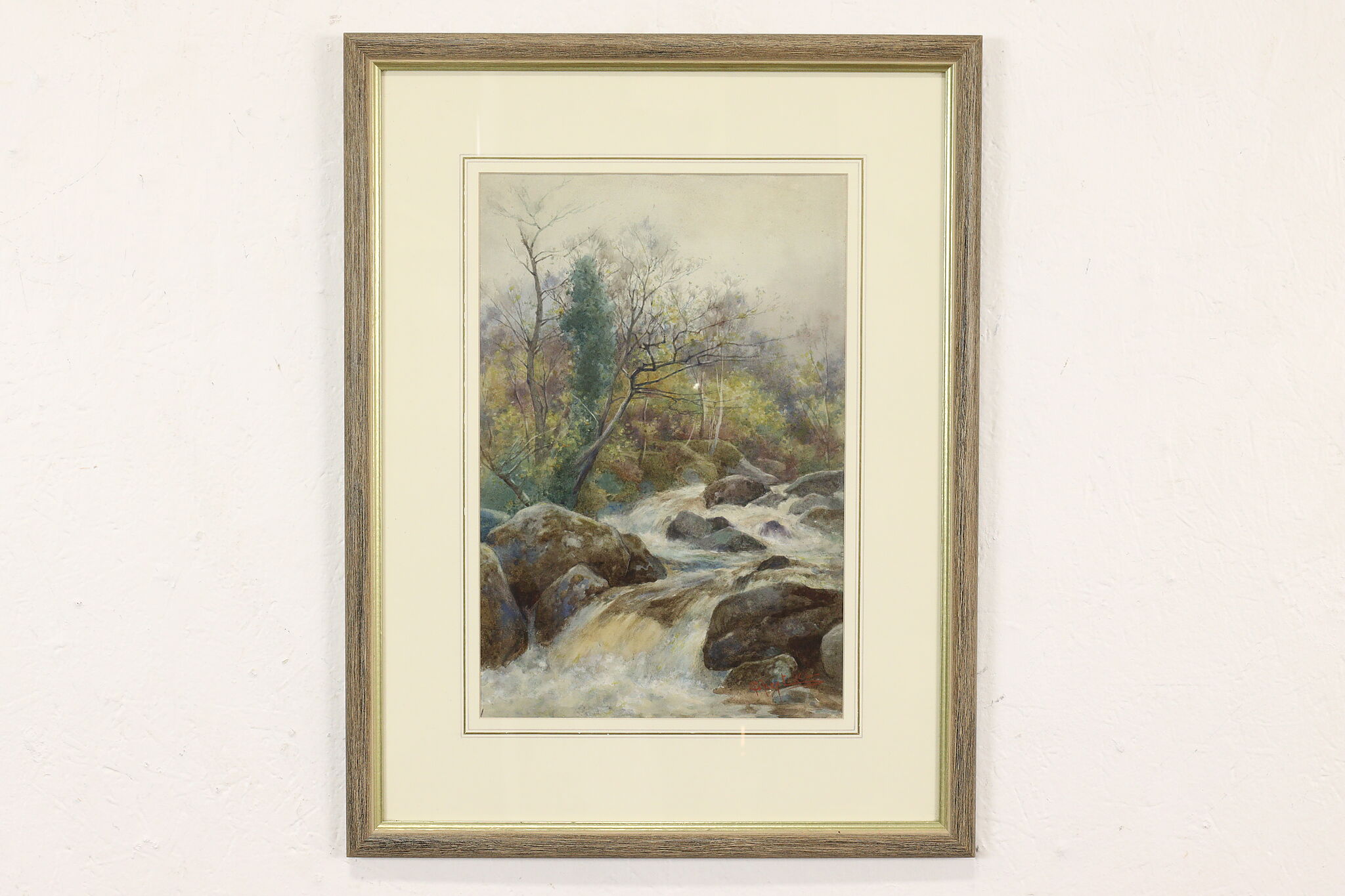 River Rapids & Forest Vintage Original Watercolor Painting Signed 22