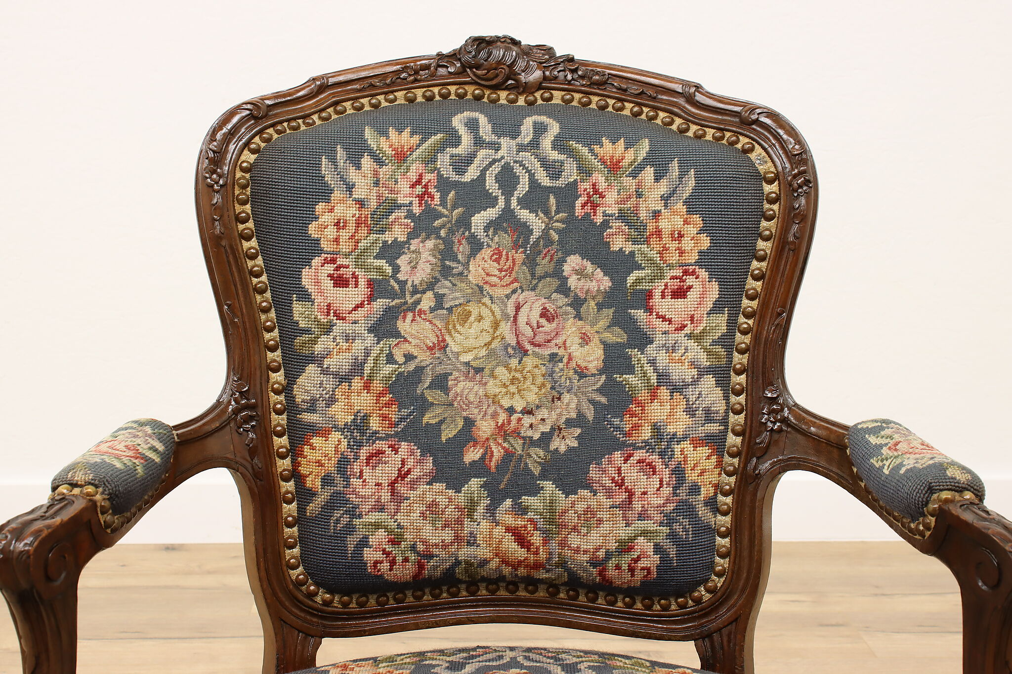 Antique French Louis XV Carved Fruitwood and Pictorial Needlepoint