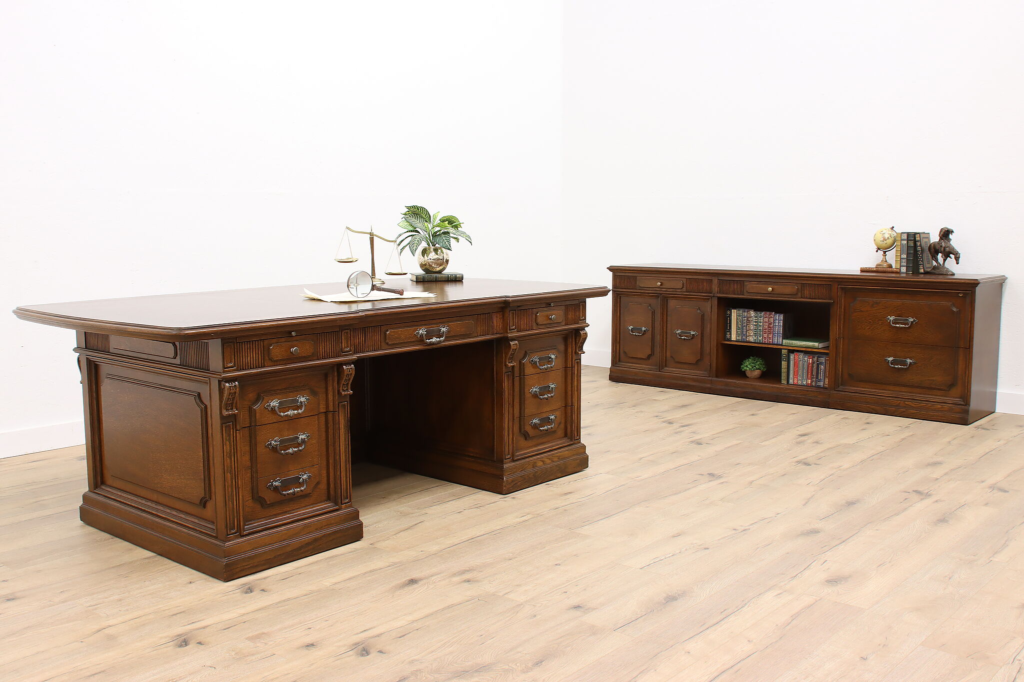Oak Vintage Office or Library Executive Desk & Credenza Set, Romweber