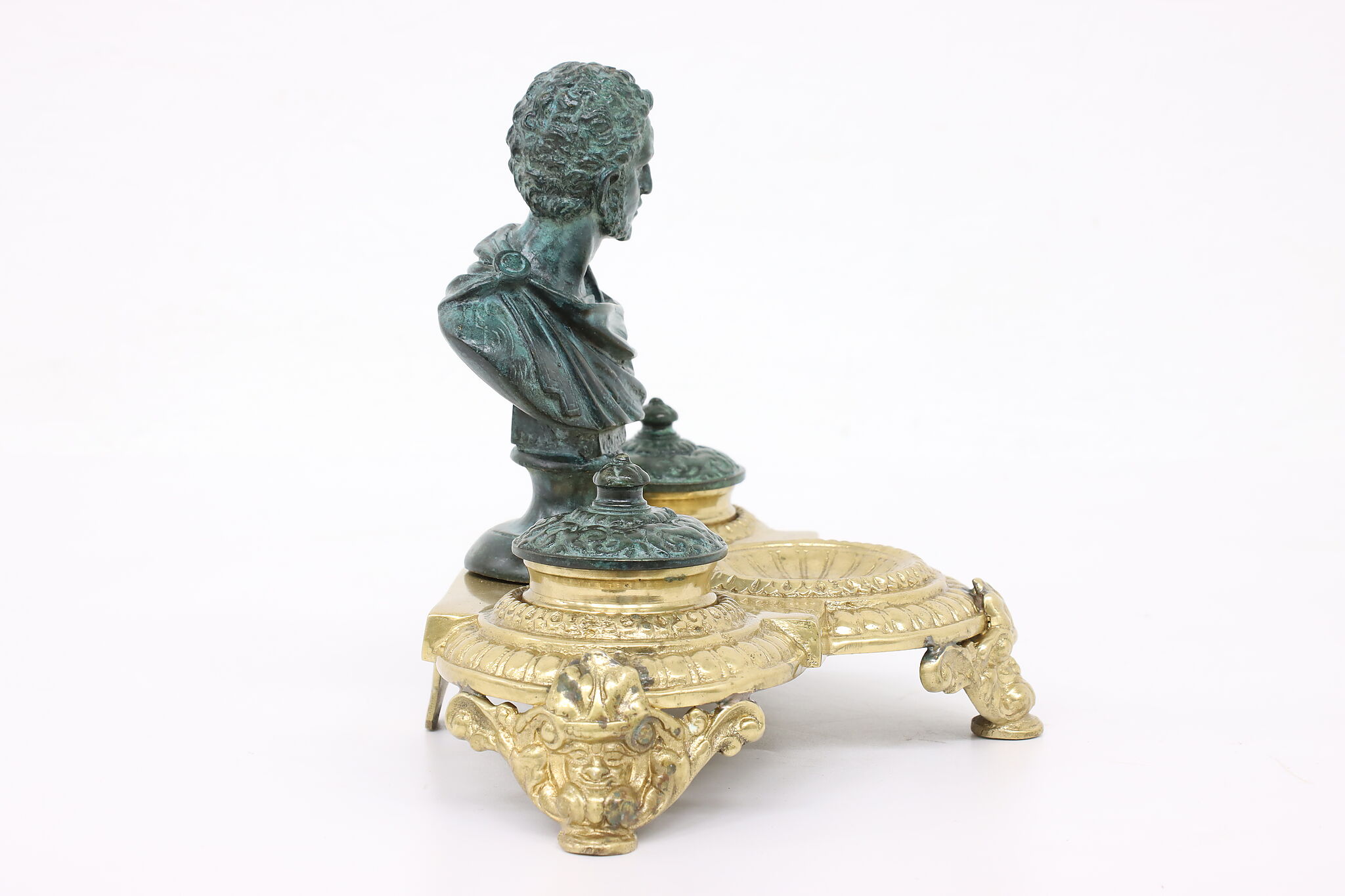 Classical French Antique Crystal Marble Bronze Desk Inkwell