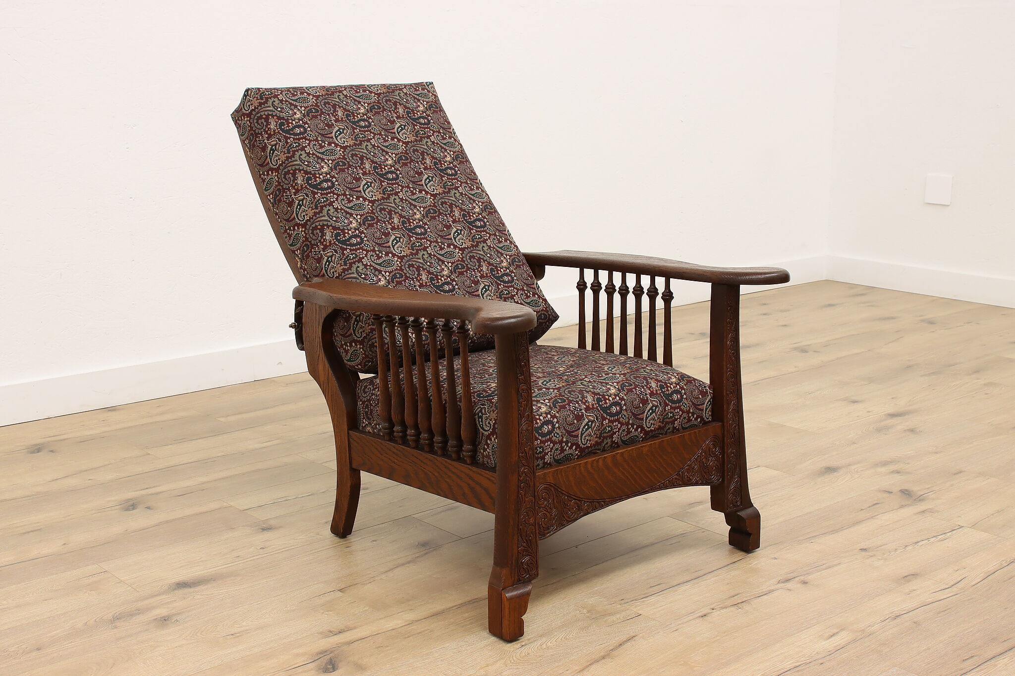 Victorian Antique Carved Oak Morris Recliner Chair, New Upholstery
