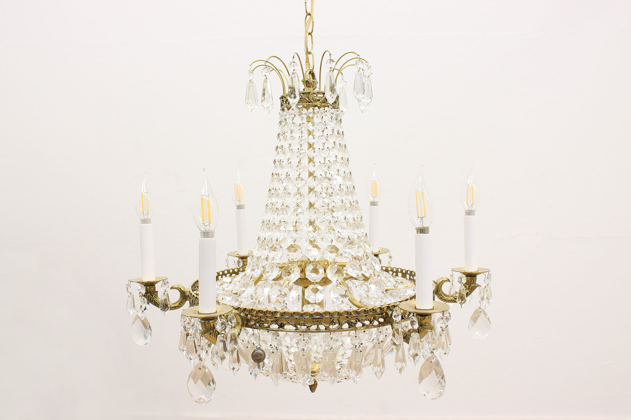Swedish Vintage 6 Candle Brass Chandelier Crystal Prisms