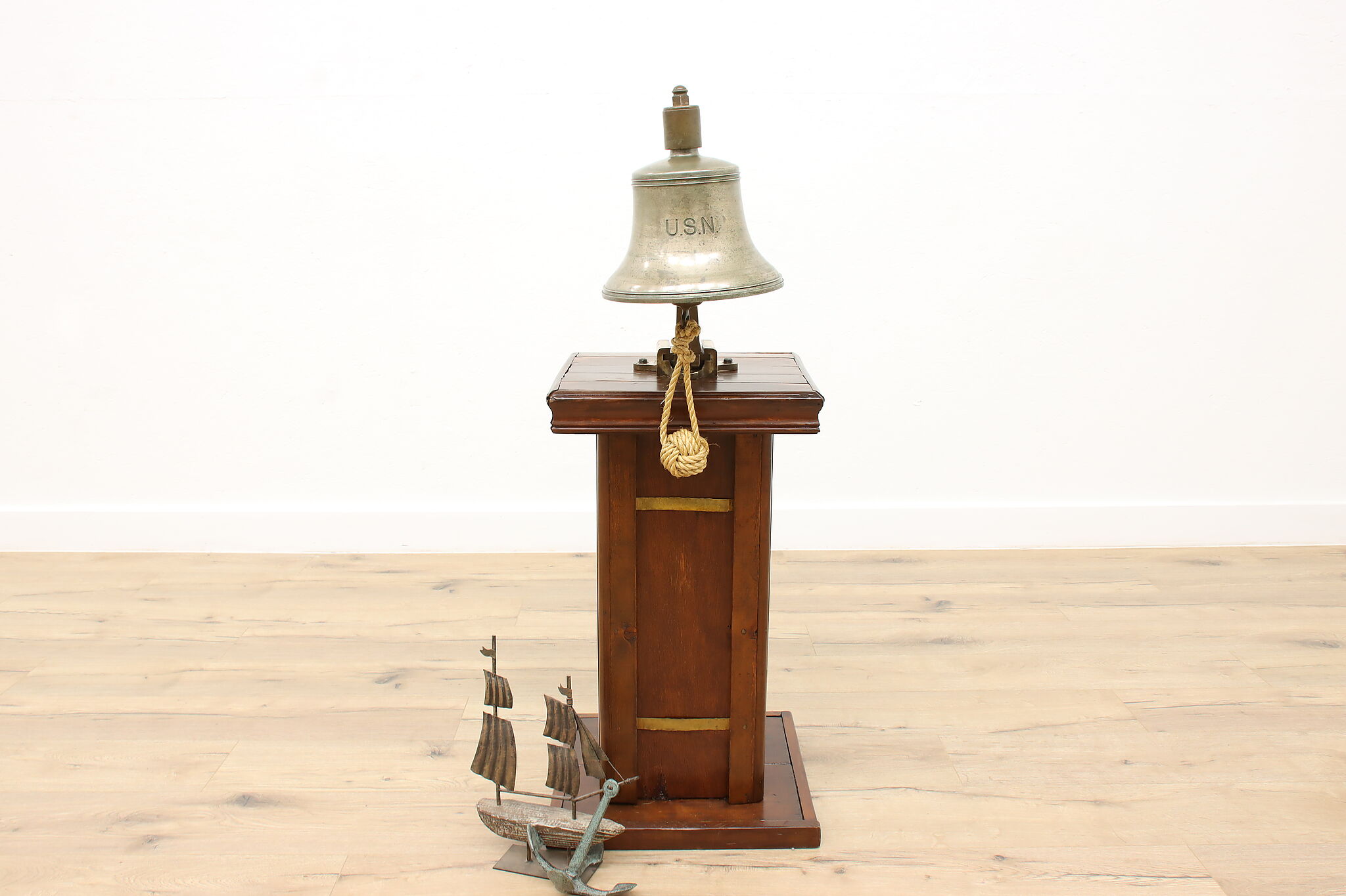 Vintage Nautical US Navy 9 3/4 Bronze Bell, Pine and Brass Pedestal