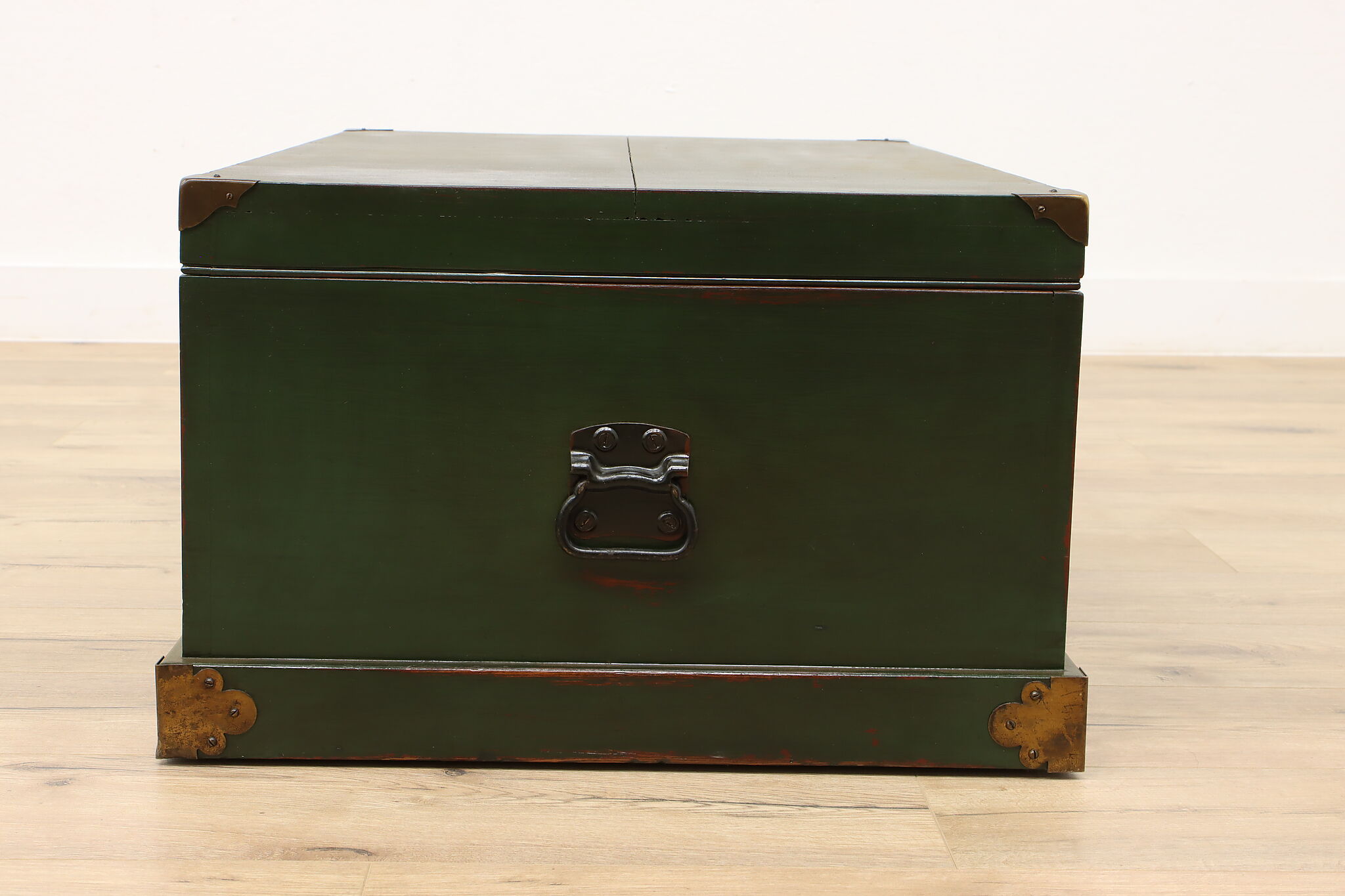 Antique Green French Steamer Trunk Bed End Blanket Box Coffee 