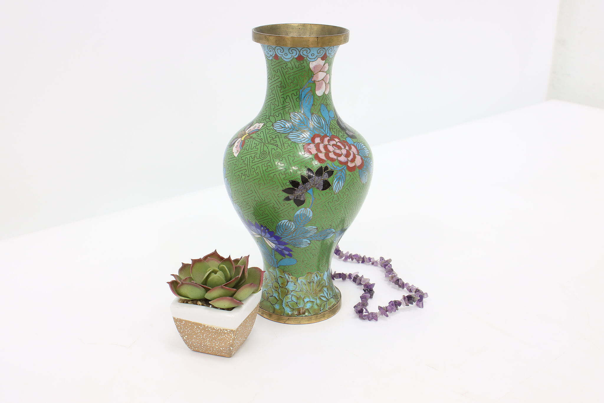 Chinese Cloisonne Traditional Vintage Inlaid Enamel Vase, Flowers