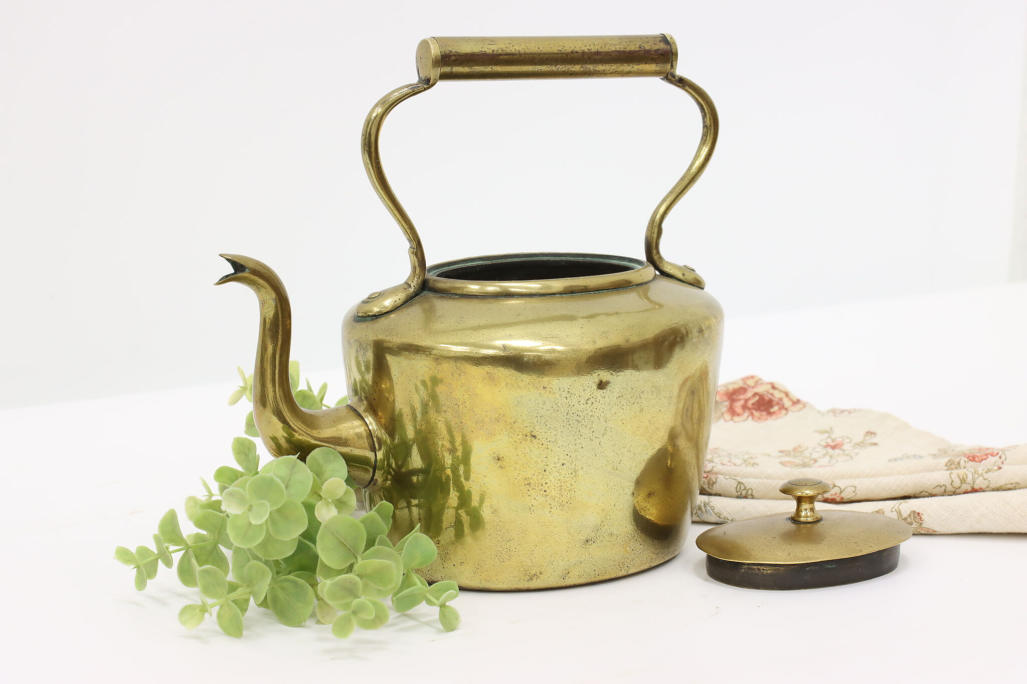 Farmhouse Antique Brass Samovar Tea Kettle, Arabic Inscriptions