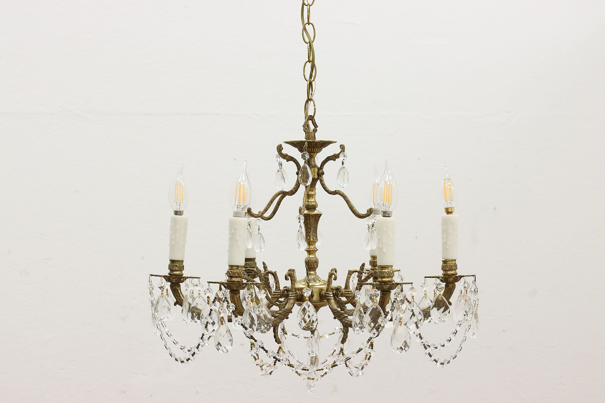 Spanish Vintage 6 Candle Brass Chandelier, Crystal Prisms