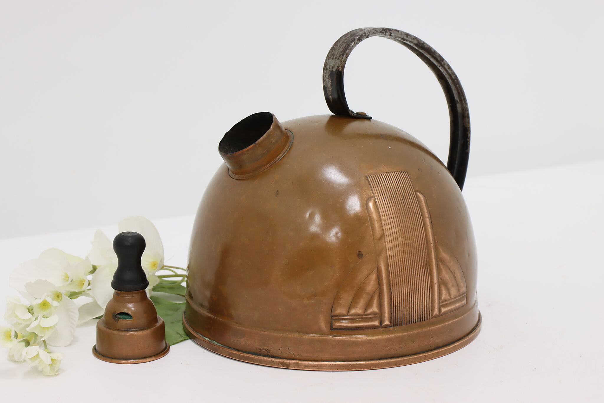 Antique West Bend Solid Copper Kettle Whistle Tea Kettle Made in USA 1920's  