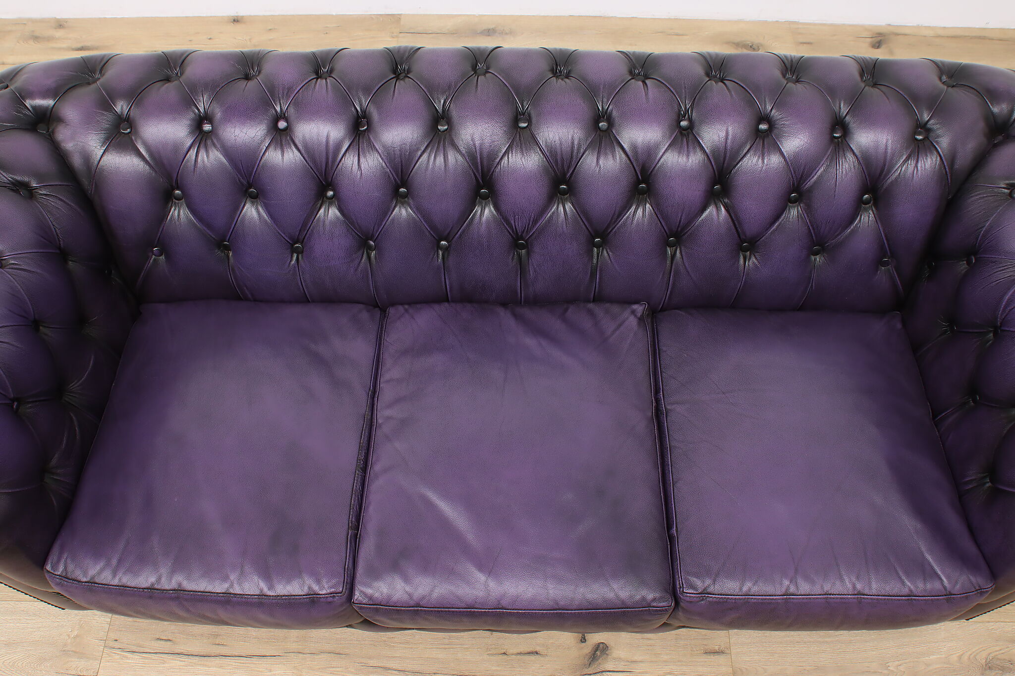 Chesterfield Tufted Purple Leather Vintage 3 Cushion Sofa #46773