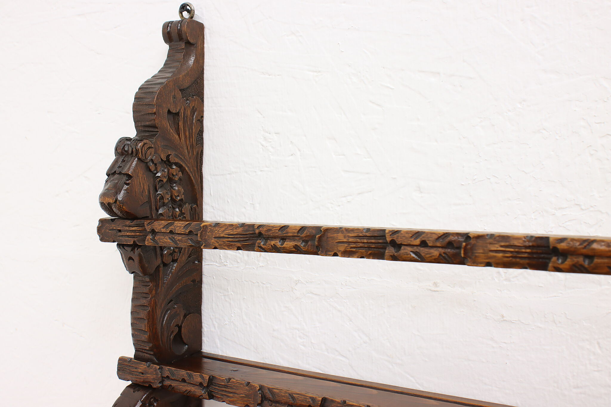 Victorian Antique Carved Oak Farmhouse Hanging Wall Plate Rack