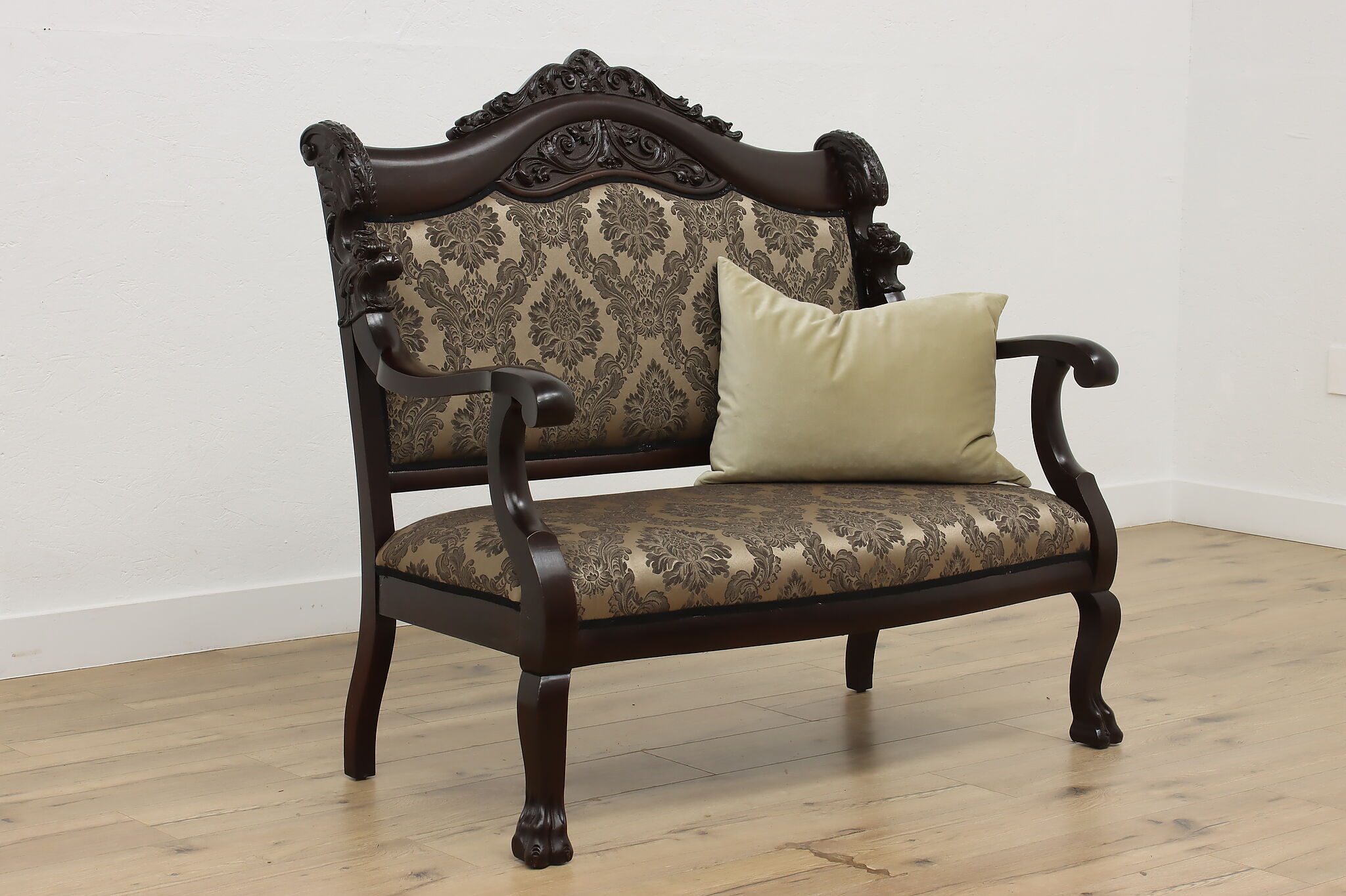 Victorian Antique Settee Loveseat, Dragons, New Upholstery