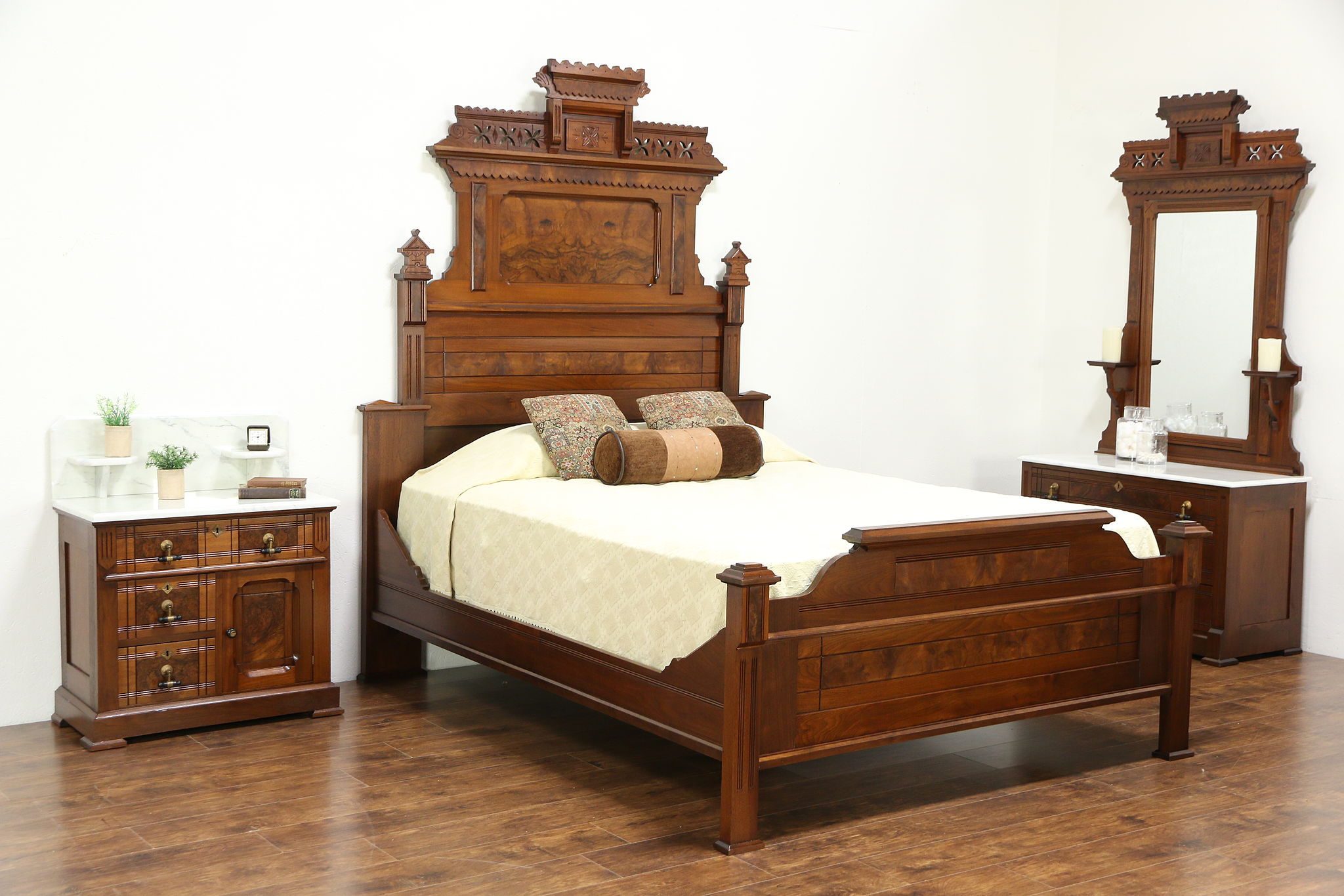 Victorian Eastlake Antique 1875 Walnut Queen Size 3 Pc Bedroom Set Marble Tops