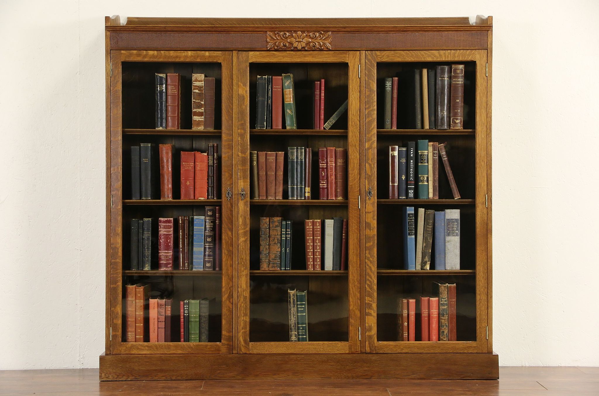 Triple 1900 Antique Oak Library Bookcase, Wavy Glass Doors, Adjustable ...