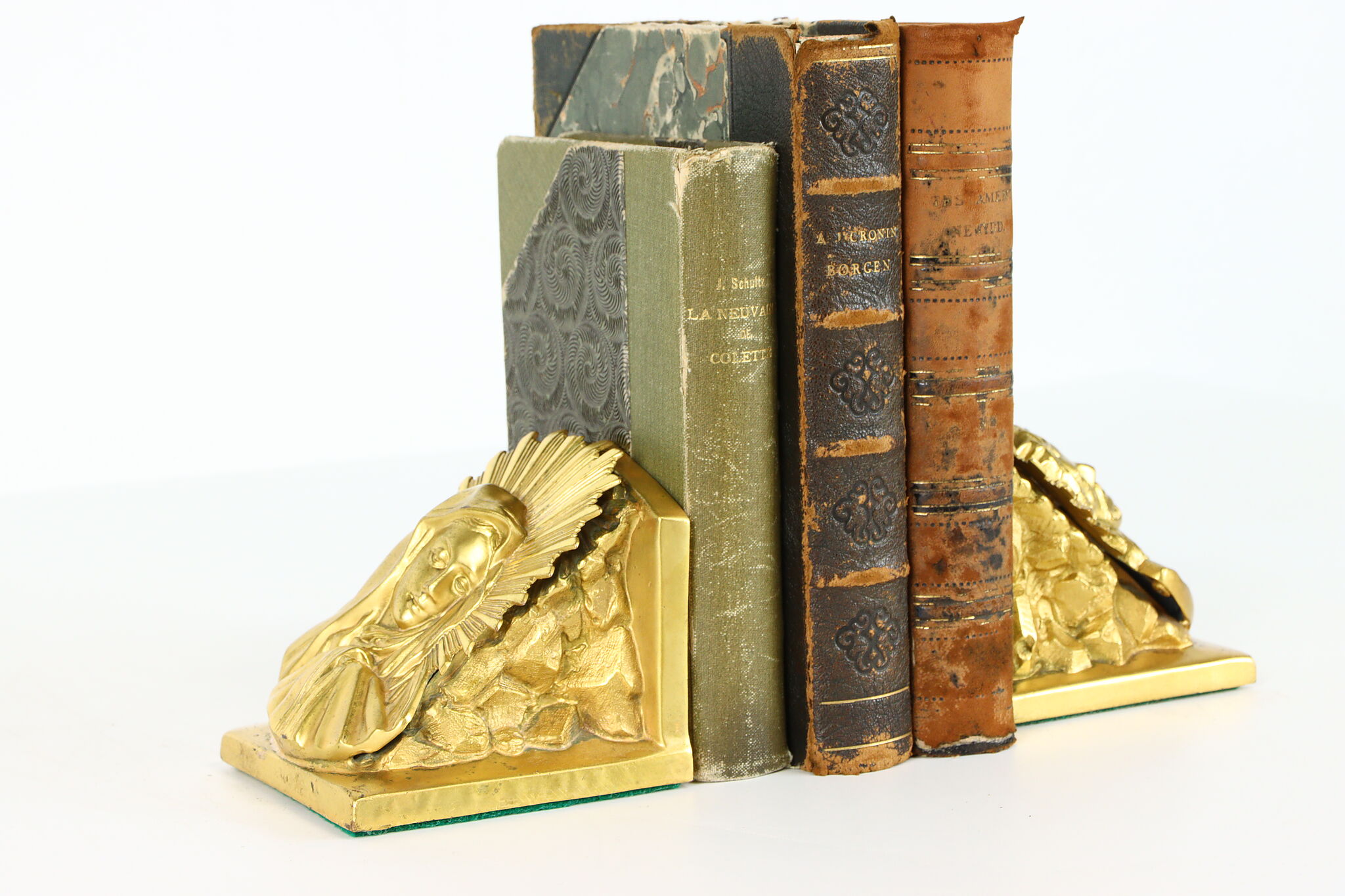 Pair of Antique Mary Madonna & Jesus Gold Bookends, Aronson 1922