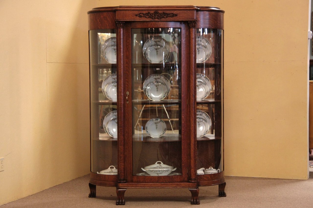 Victorian Curved Glass Oak China Curio Cabinet