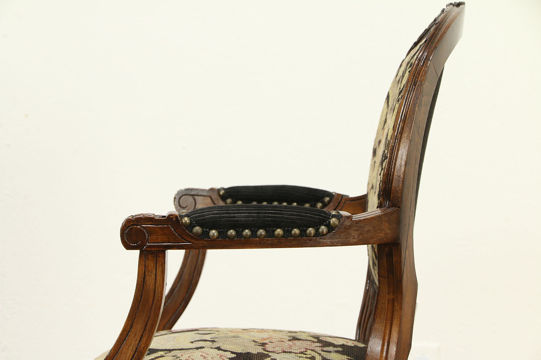 Louis XVI style chair black satin fabric with peas, tassel and