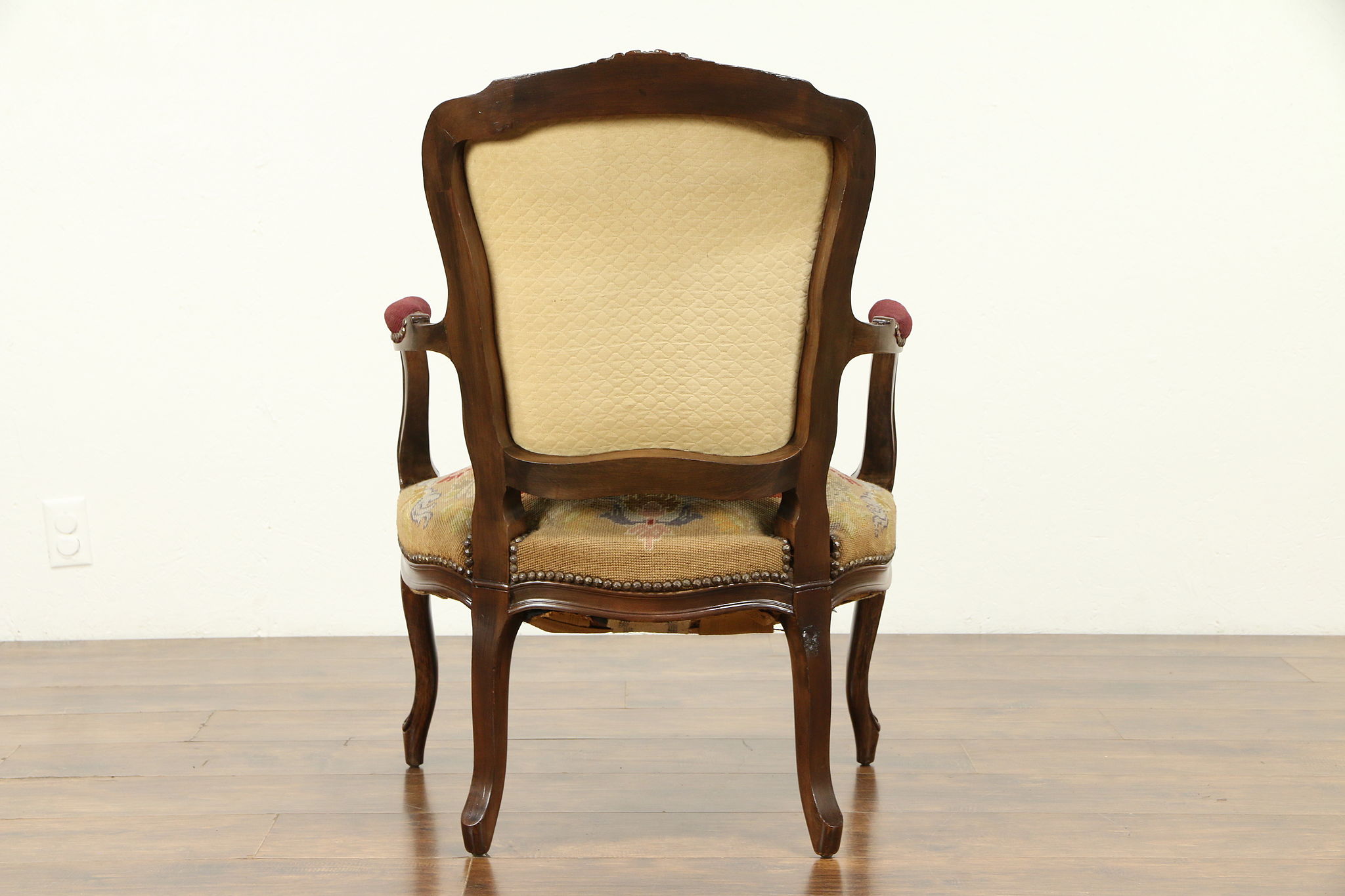 Pair of 1920's Carved Antique Georgian Chairs with Arms, Needlepoint  Upholstery