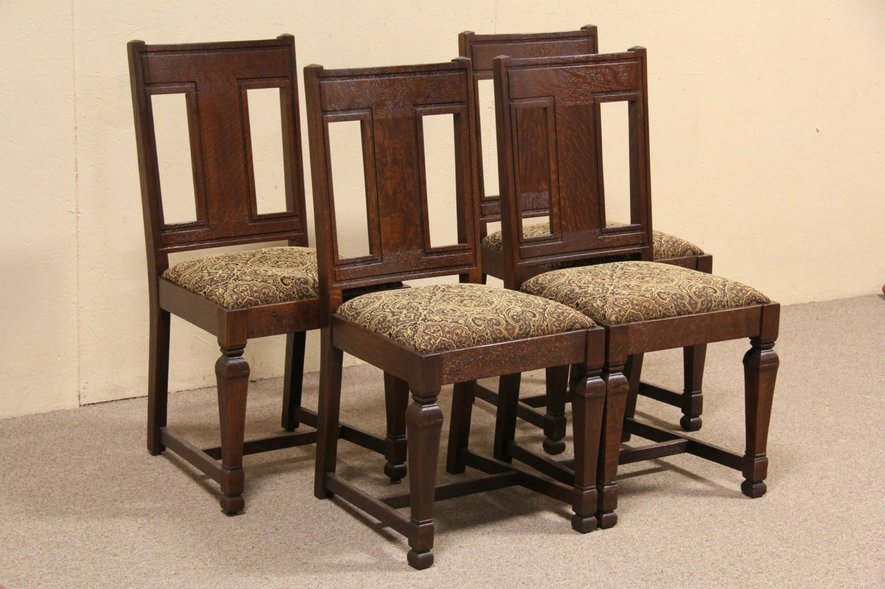 Set of 4 Arts & Crafts Mission Oak 1910 Antique Dining or Game Table Chairs