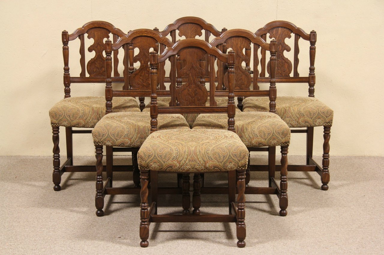 Set Of 6 Carved Oak Antique Dining Chairs 7569