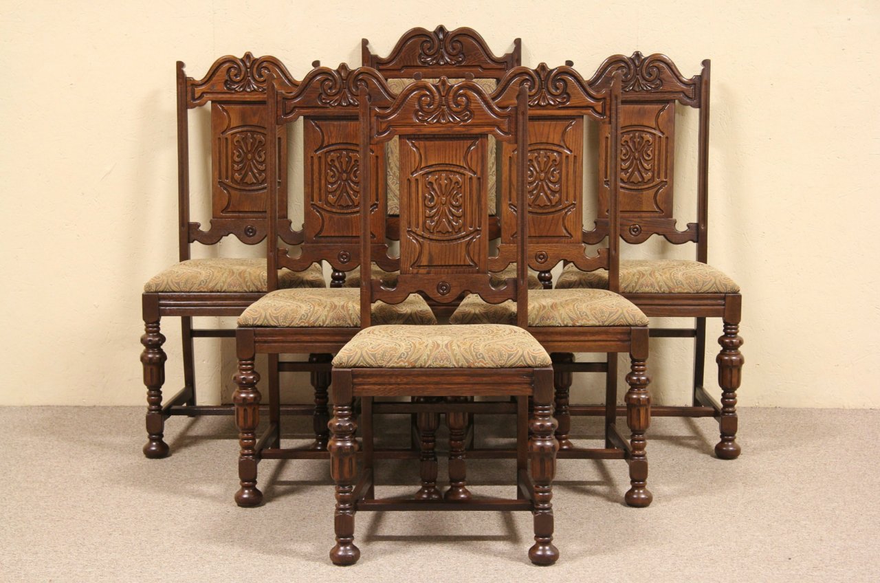 Set of 6 Oak Antique 1925 Tudor Dining Chairs