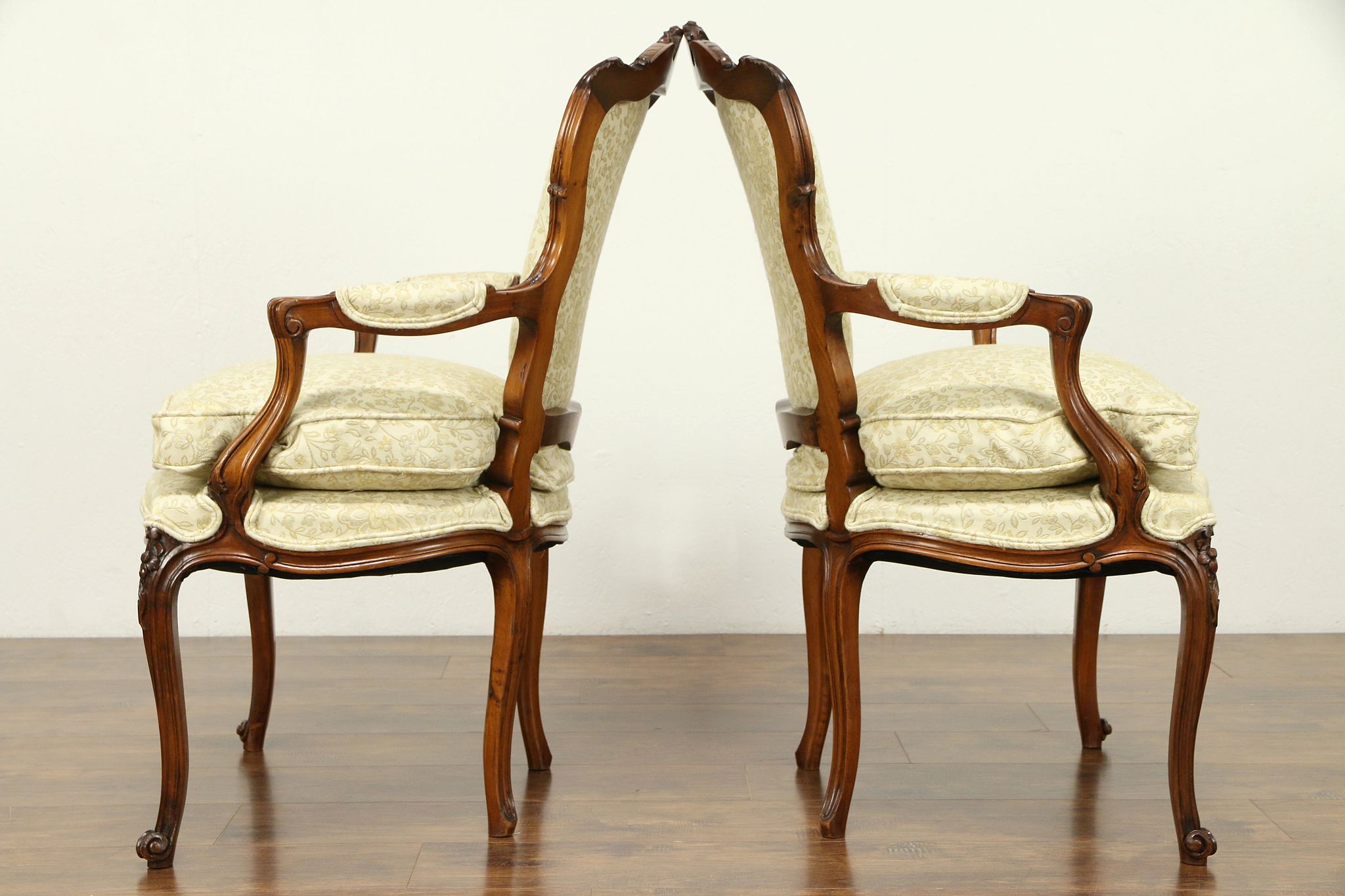 Pair of Antique French Rococo Carved Chairs, New Upholstery, Down