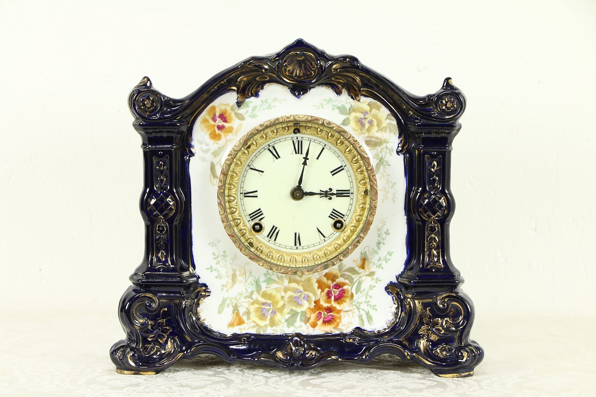 Victorian Antique Cobalt Blue China Clock, Royal Bonn, Ansonia, NY