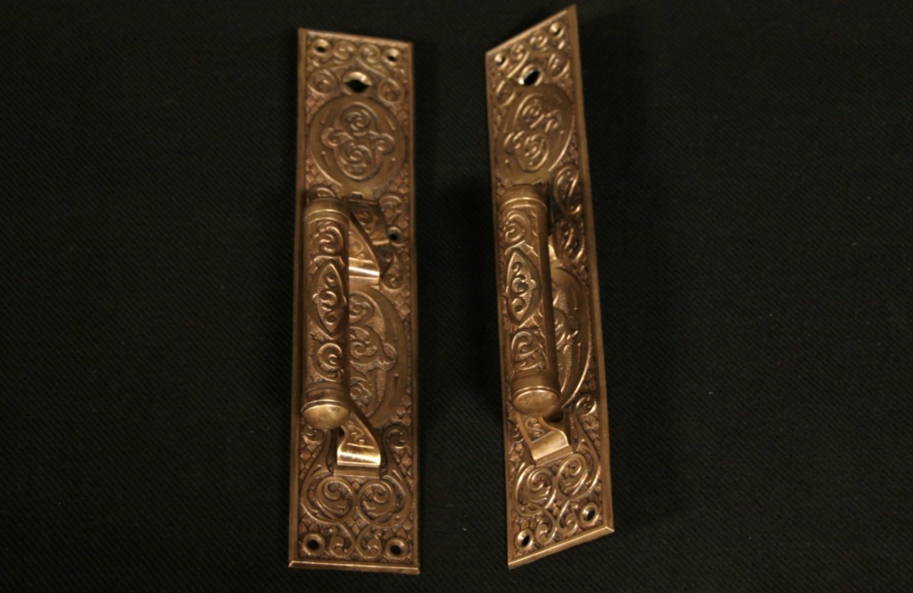 Pair Bronze 1870 Antique Door Handles or Pulls with Backplates