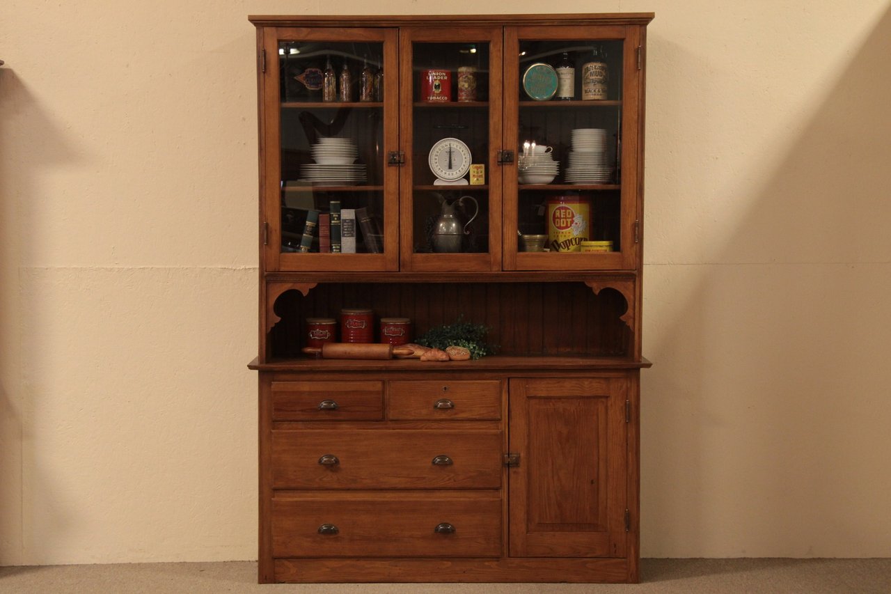 Country Pine Antique Pantry Cupboard, Glass Doors