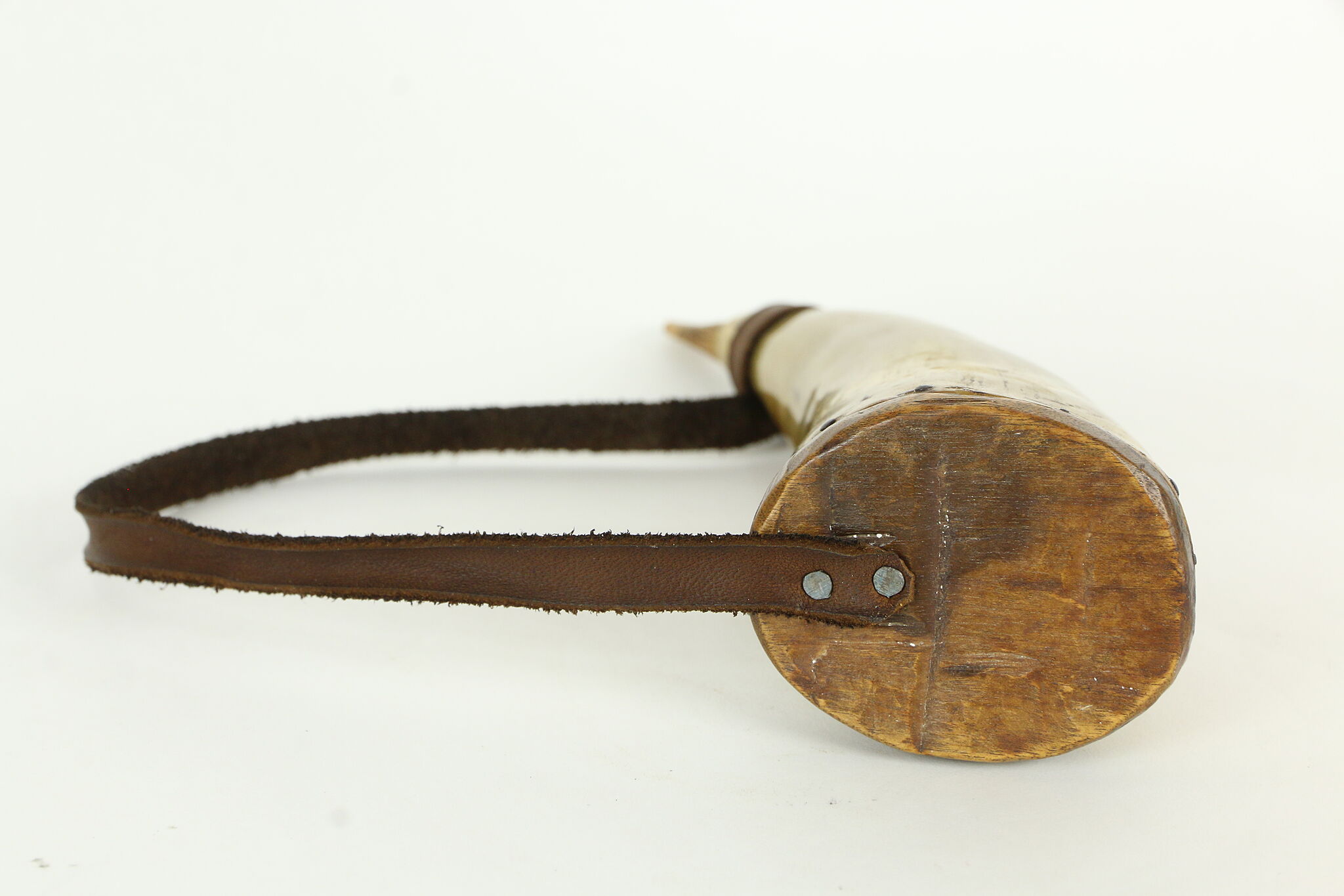 Carved Antique Black Gun Powder Horn, Leather Strap